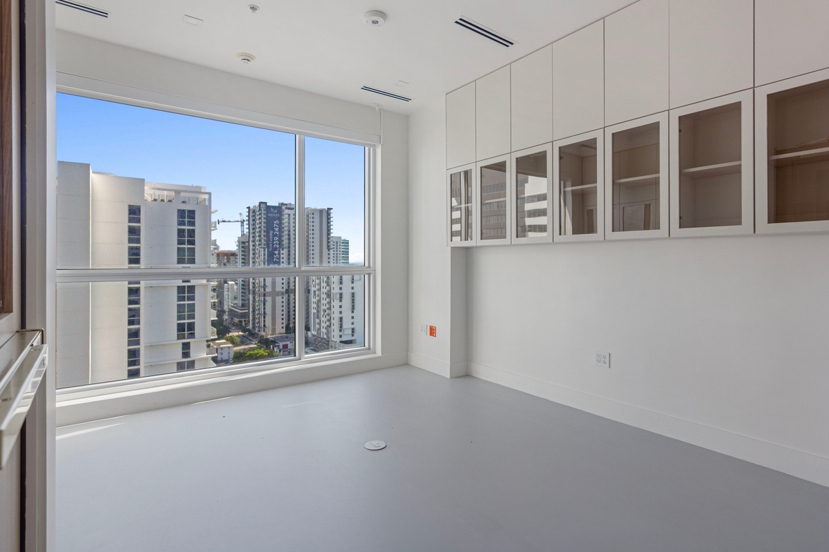 Clinical support wall with sealed cabinetry, counter space and skyline outlook